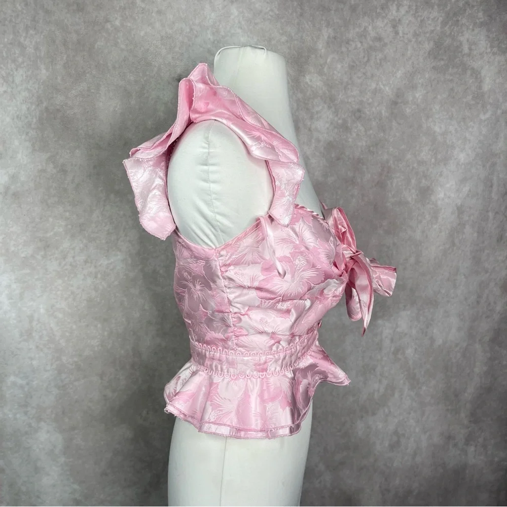 V. Chapman Petals Front Tie Jacquard‎ Blouse In Pink Macaron Women's Size 2